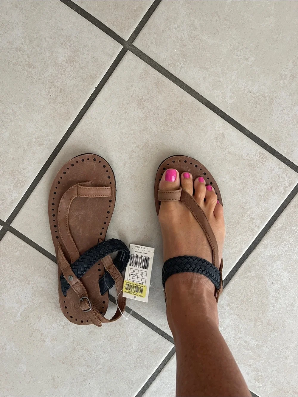 UGG Two-Tone Brown and Black Braided Toe-Post Sandals